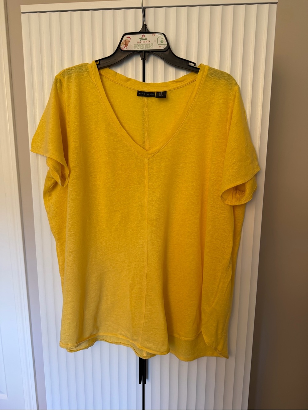 Tahari Yellow V-Neck Short Sleeve Women's Top Linen Blend Size 1X